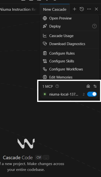 Проверка включения MCP-сервера Niuma в меню Cascade