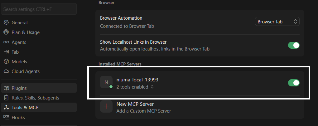Проверка MCP-сервера Niuma в настройках Tools & MCP